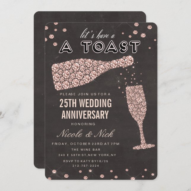 Rose Gold Wine Glass Anniversary Invitation (Front/Back)
