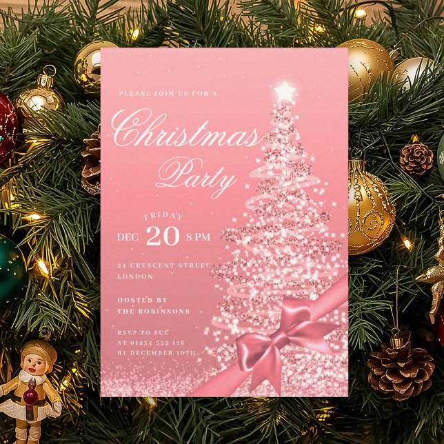 Rose Gold Winter Christmas Tree Bow Holiday  Invitation (Rose Gold Winter Christmas Tree Bow Holiday Invitation)