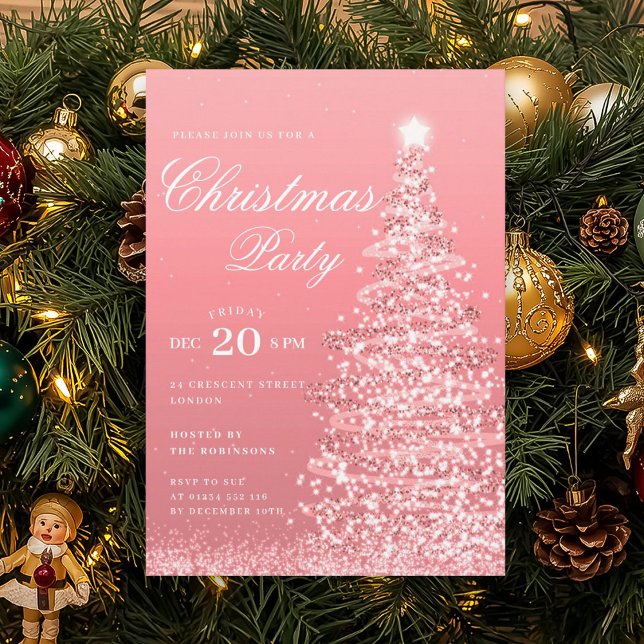 Rose Gold Winter Christmas Tree Holiday Party  Invitation (Rose Gold Winter Christmas Tree Holiday Party Invitation)