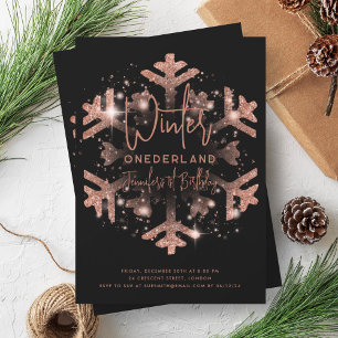 Rose Gold Winter ONEDERLAND 1st Birthday Black Invitation