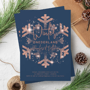 Rose Gold Winter ONEDERLAND 1st Birthday Navy Invitation