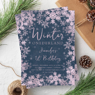 Rose Gold Winter ONEDERLAND 1st Birthday Navy  Invitation