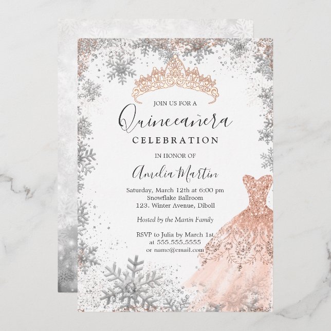 Rose Gold Winter Snowflake Silver Quinceanera  (Front/Back)