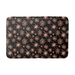 Rose Gold Winter Snowflakes on Black Bath Mat