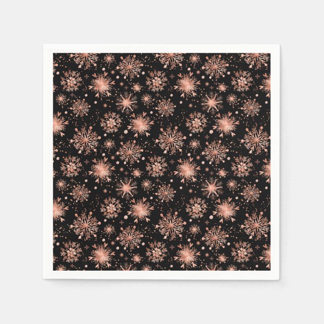 Rose Gold Winter Snowflakes on Black Napkin (Front)