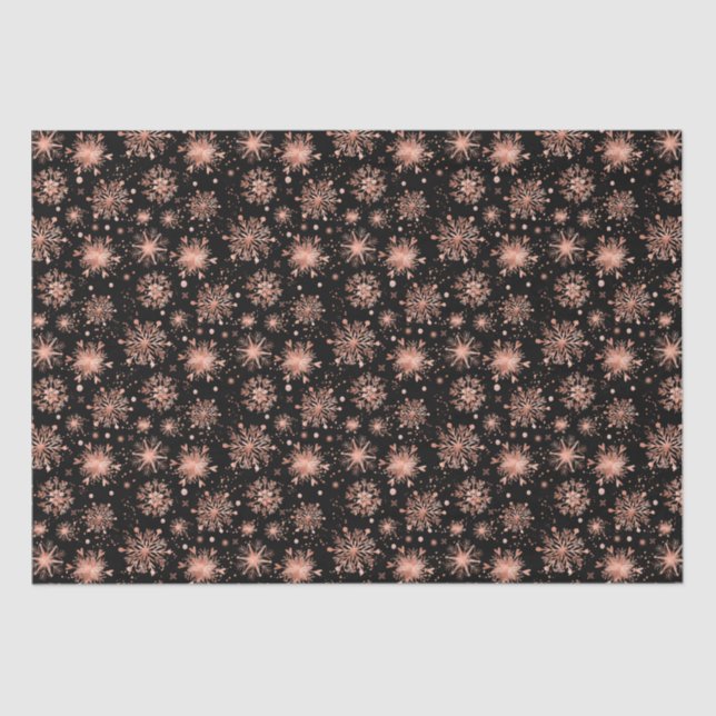 Rose Gold Winter Snowflakes on Black Pattern Tissue Paper (Front)