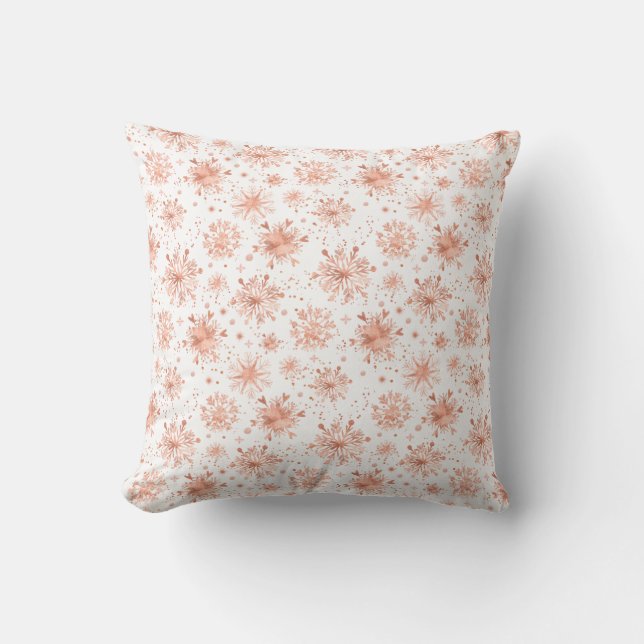 Rose Gold Winter Snowflakes on White Cushion (Front)
