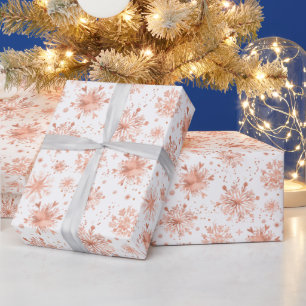 Rose Gold Winter Snowflakes on White Pattern Wrapping Paper