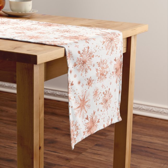 Rose Gold Winter Snowflakes on White Short Table Runner (In Situ)