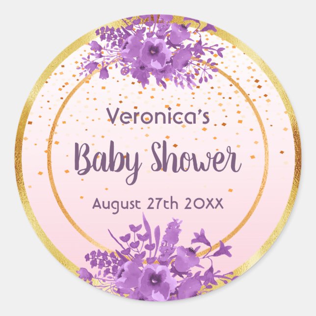 Rose gold with confetti and flowers baby shower classic round sticker (Front)