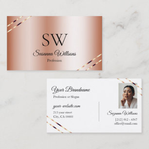 Rose Gold with Shimmery Lines Monogram and Photo Business Card