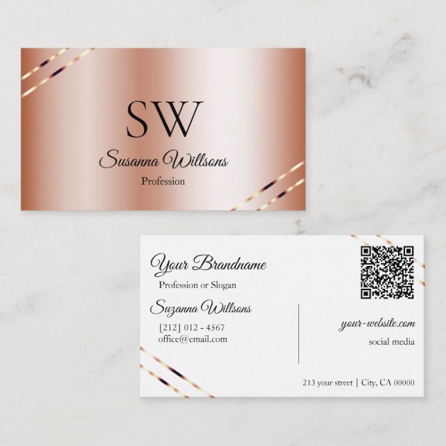 Rose Gold with Shimmery Lines Monogram QR Code Business Card (Front/Back)
