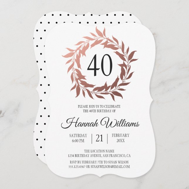 Rose Gold Wreath 40th Birthday Party Invitation (Front/Back)