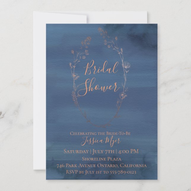 Rose Gold Wreath Navy Watercolor Bridal Shower Invitation (Front)