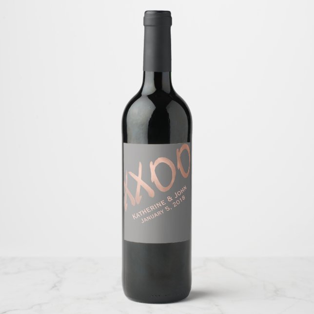 Rose Gold XXOO Wedding Wine Label (Front)