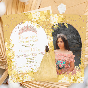 Rose gold yellow floral tiara princess Quinceanera Invitation