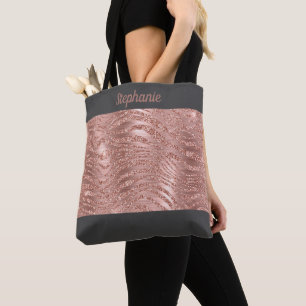 Rose Gold Zebra Print Monogram Grey Bridesmaid Tote Bag