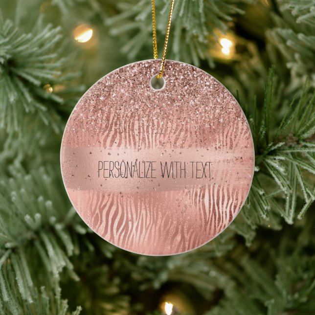 Rose Gold Zebra Print Sparkle Ceramic Ornament (Tree)