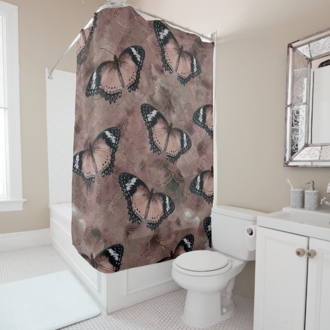 Rose Golden Butterfly Dance 1 Shower Curtain (In Situ)