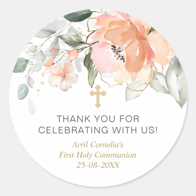 Rose Green Foliage First Communion Baptism   Classic Round Sticker (Front)