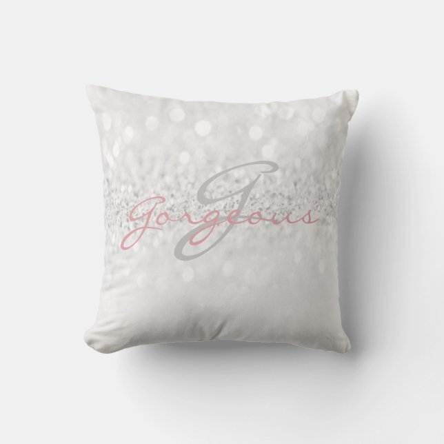 Rose Grey Girly Glitter Silver Monogram Name Cushion (Front)