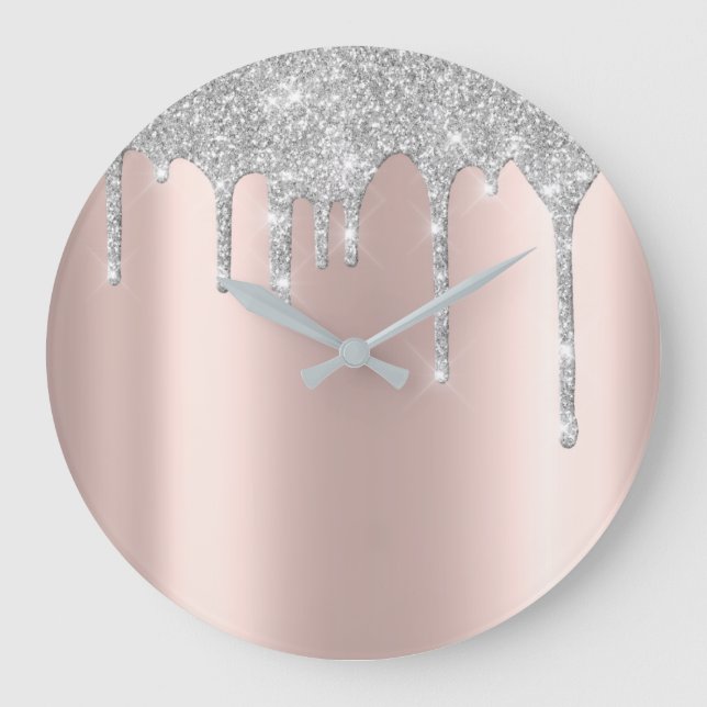 Rose Grey Metal Spark Glitter Drip Blush Glitter Large Clock (Front)