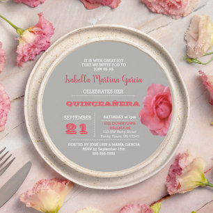 Rose Grey Round Quinceañera Invitation