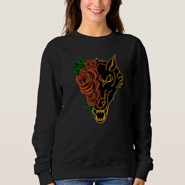 Rose Half Wolf Face Aesthetic Retro Nostalgia ON B Sweatshirt (Front)