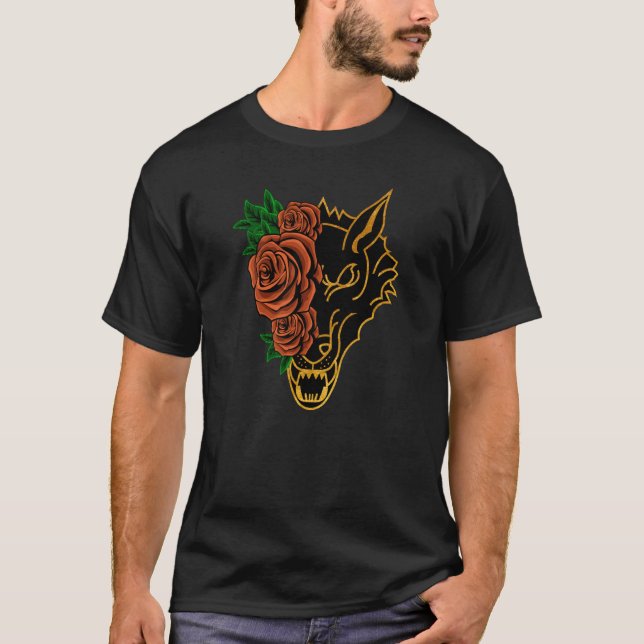 Rose Half Wolf Face Aesthetic Retro Nostalgia ON B T-Shirt (Front)
