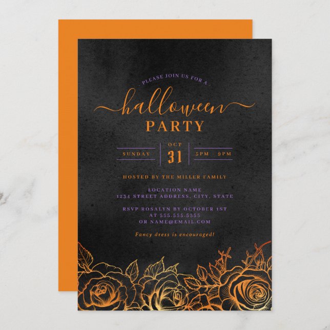 Rose Halloween Orange Black Party  Invitation (Front/Back)