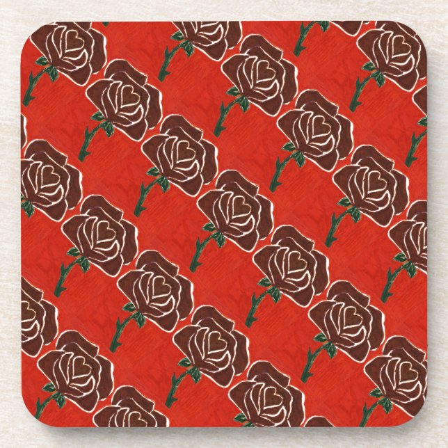 "Rose Heart #7 Tiled Pattern" Floral Coaster Set (Front)
