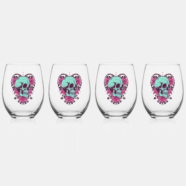 Rose Heart Skull Stemless Wine Glass (Front)