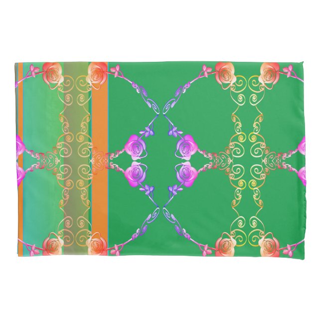 Rose Hearts on Apricot & Green  Pillowcase (Front-Left)