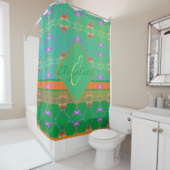 Rose Hearts on Teal and Apricot    Shower Curtain (In Situ)