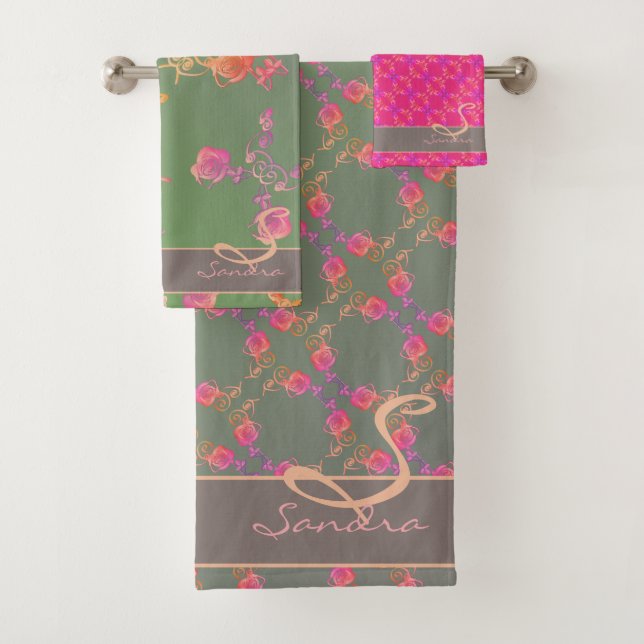 Rose Hearts & Plum Moss Monogram Towel (Insitu)