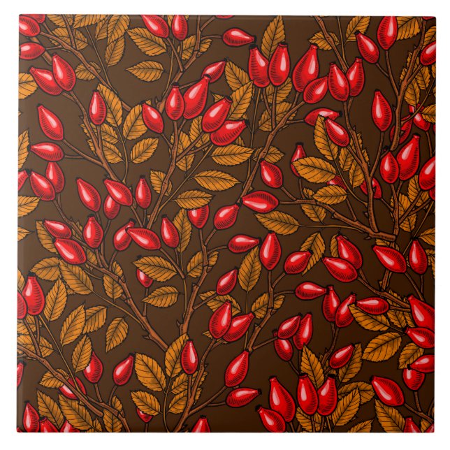 Rose hips, brown and red ceramic tile (Front)