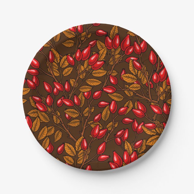 Rose hips, brown and red paper plate (Front)