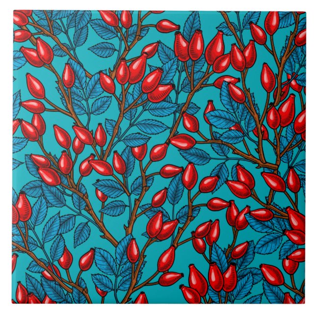 Rose hips, red and blue ceramic tile (Front)