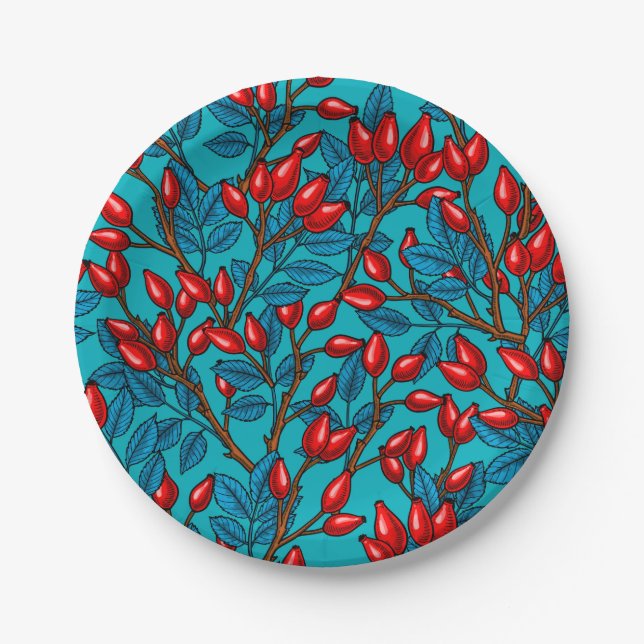 Rose hips, red and blue paper plate (Front)