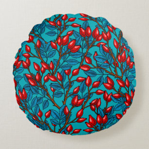 Rose hips, red and blue round cushion