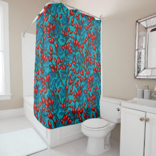 Rose hips, red and blue shower curtain