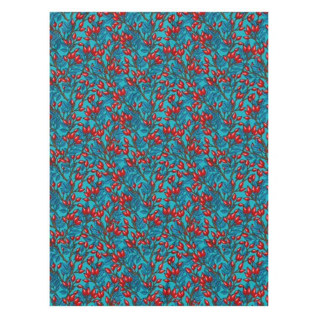 Rose hips, red and blue tablecloth (Front)