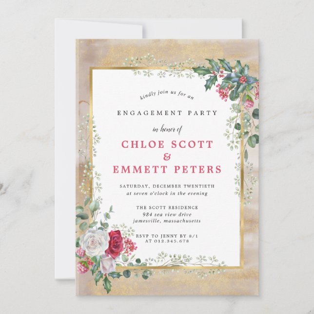 Rose Holly Gold Engagement Party Invitation (Front)