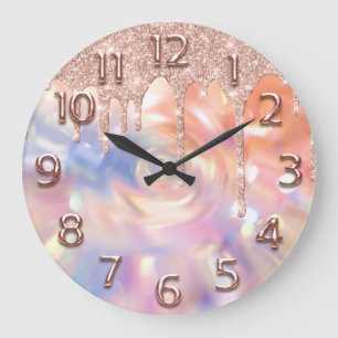Rose Holograph Number Glitter Drips Pink Glitter Large Clock