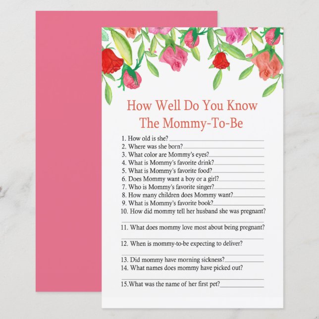 Rose How well do you know baby shower game (Front/Back)