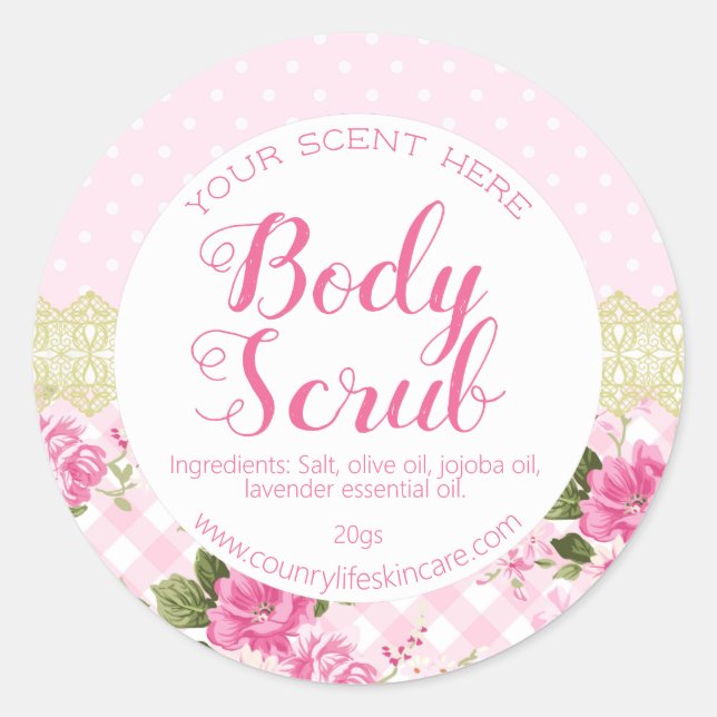 Rose Lace Country Vintage Pink Body Scrub Labels (Front)