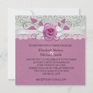 Rose Lace Silver/Pink Damask Wedding Invite