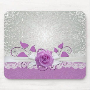 Rose Lace Silver/Purple Damask Mousepad