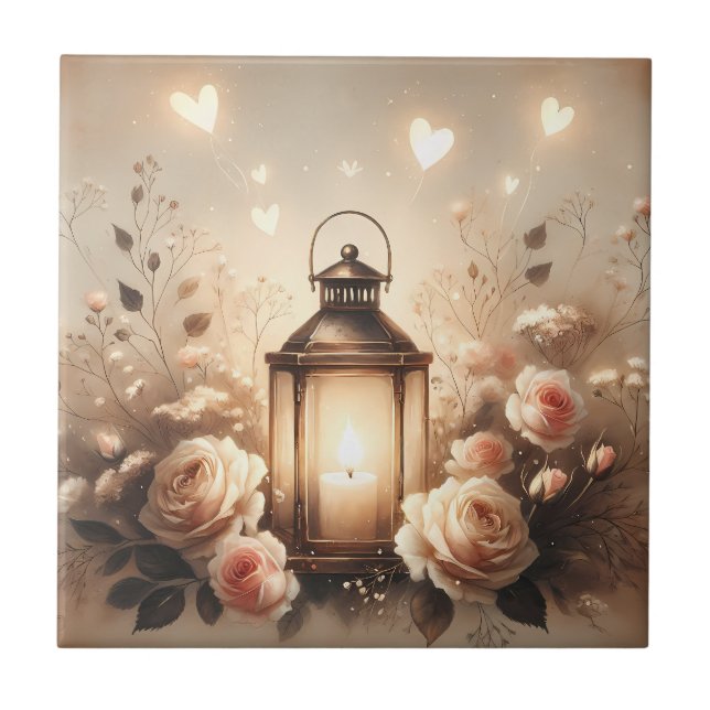 Rose Lantern Glow Bouquet Ceramic Tile (Front)