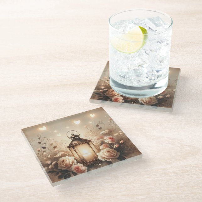 Rose Lantern Glow Bouquet Glass Coaster (Angled)